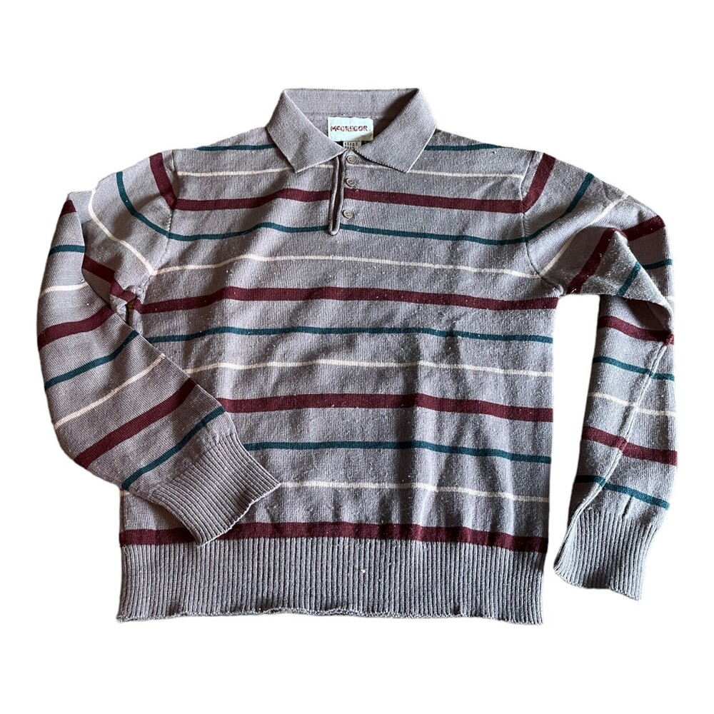 VTG 80s Dad McGregor Acrylic Gray Stripe Stretch Collar Sweater Academia Mens M
